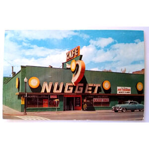 Nugget Casino Postcard Sparks Nevada Cafe Neon Sign Old Car Automobile Chrome